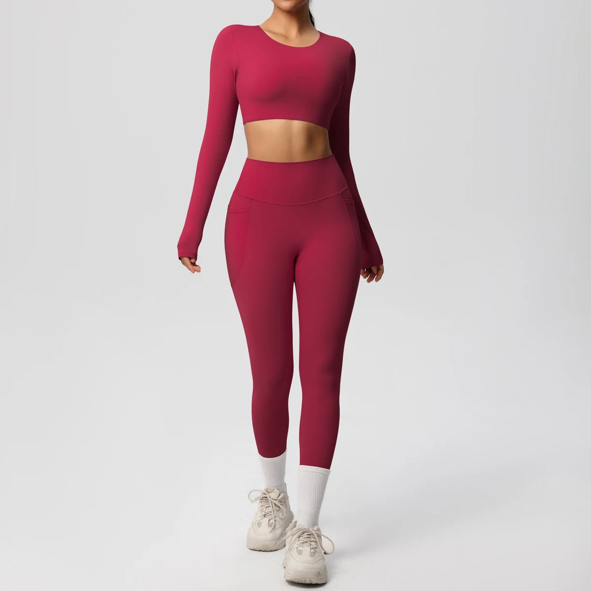 Hamidou Yoga-Set: bordeauxfarbener Sport-BH-Top mit Leggings, lange Ärmel, weißer Beinabschluss