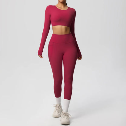 Hamidou Yoga-Set: bordeauxfarbener Sport-BH-Top mit Leggings, lange Ärmel, weißer Beinabschluss