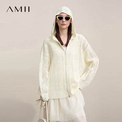 Damen-Strickjacke Kapuze Jacquard Hohlstrick Doppelreißverschluss locker Frühling