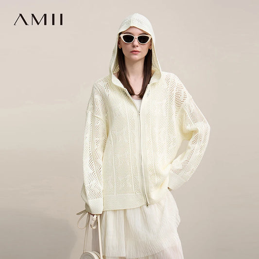 Damen-Strickjacke mit Kapuze, beigefarbener Jacquard-Hohlstrick und Doppelreißverschluss