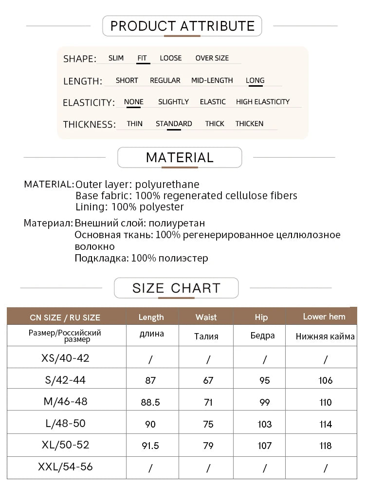 Material- und Größentabelle für den Damen-Lederrock, inkl. Länge, Breite und Materialdaten