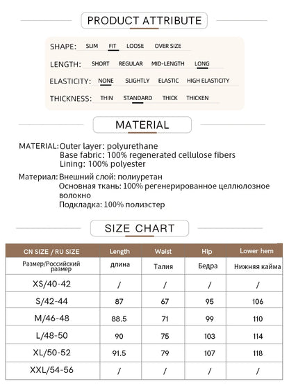 Material- und Größentabelle für den Damen-Lederrock, inkl. Länge, Breite und Materialdaten
