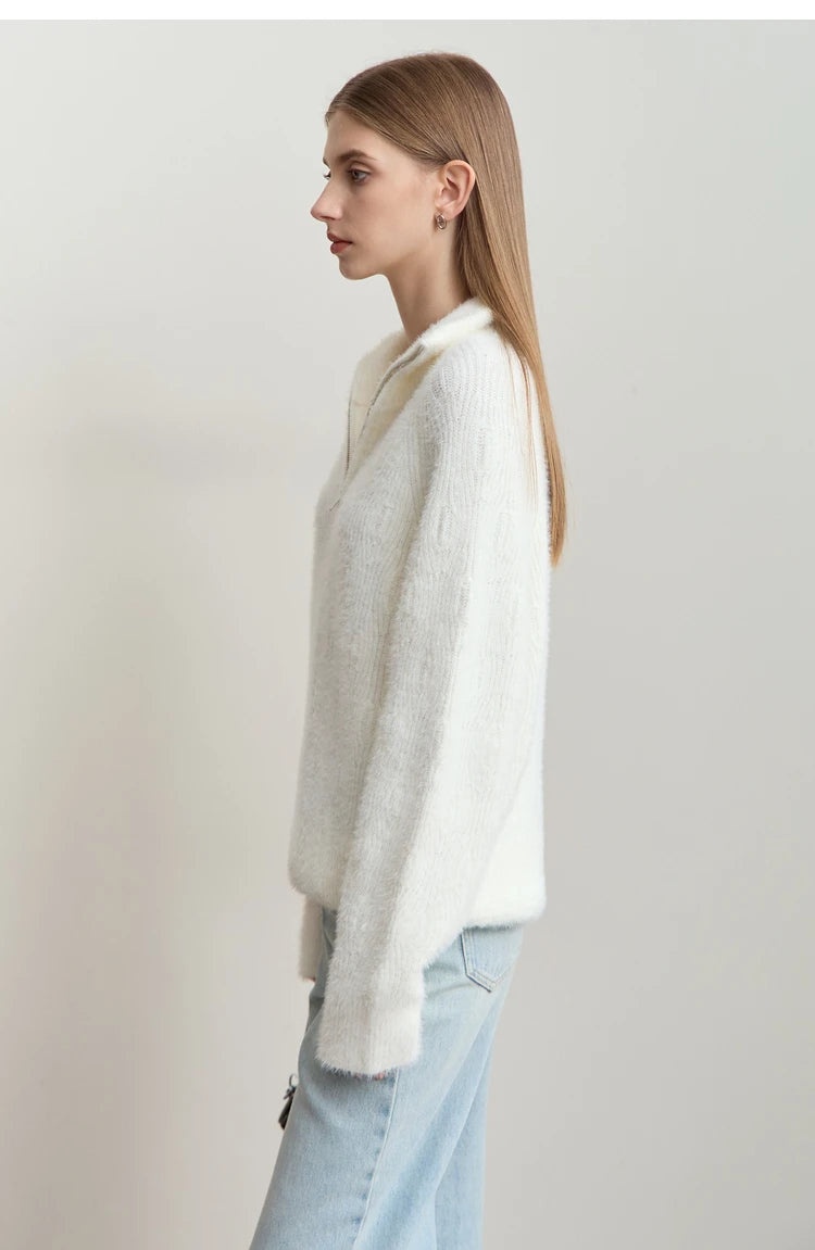 Damen-Rollkragenpullover Reißverschluss Nerz-Optik locker Winter