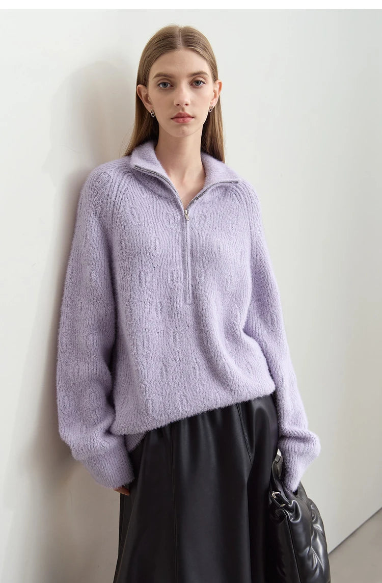 Damen-Rollkragenpullover Reißverschluss Nerz-Optik locker Winter