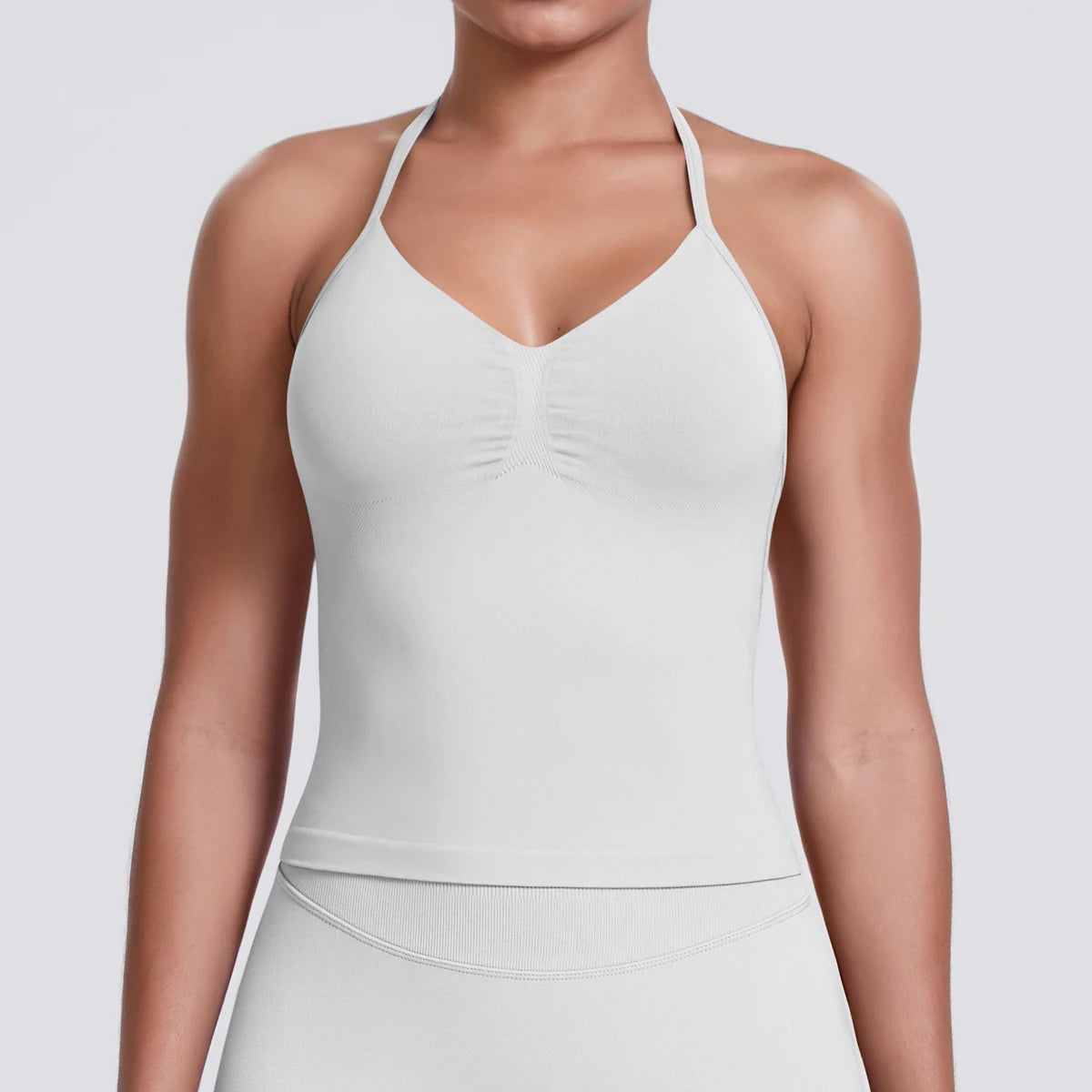Damen-Yoga-Weste, weiß, schmale Träger, ärmellos, V-Ausschnitt, rückenfrei