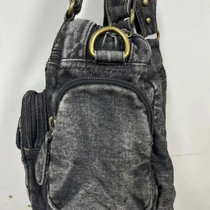 Damen-Handtasche Denim-Optik mit Top-Handle Reißverschluss und Innenfächer Alltagsbedarf