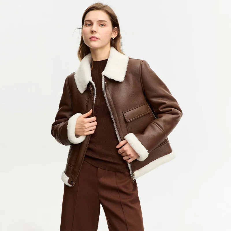 Damen Winterjacke aus PU mit Taschen im französischen Vintage-Stil