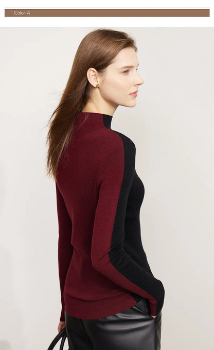 Pullover mit Stehkragen, langarm, weinrot mit schwarzen Seitenpaneelen