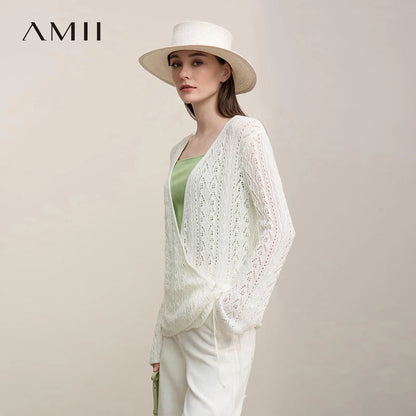 Damen-Strickjacke V-Ausschnitt Wolle Hohlstrick locker Langarm Frühling