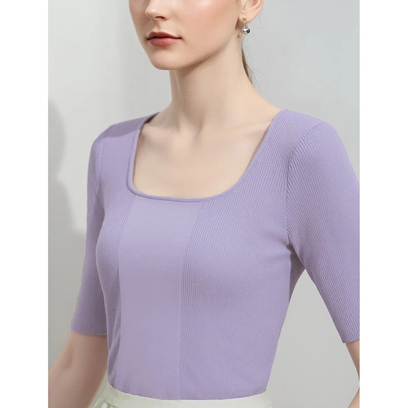 Damen-Strickpullover, fliederfarben, Rippenstrick, kurze Ärmel, Rundhalsausschnitt