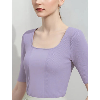 Damen-Strickpullover, fliederfarben, Rippenstrick, kurze Ärmel, Rundhalsausschnitt