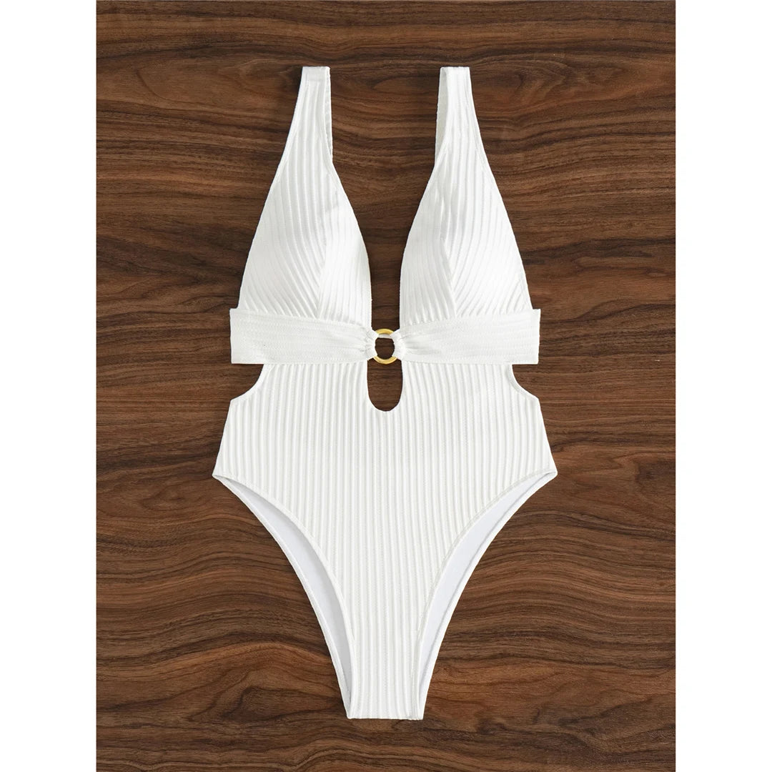 Damen Badeanzug tiefer V-Ausschnitt Cut-Out Monokini hoher Beinausschnitt 8 Farben