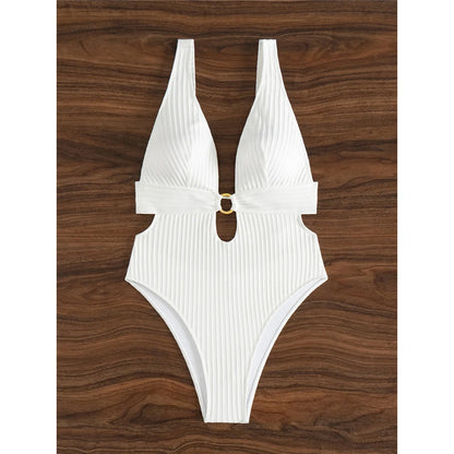 Damen Badeanzug tiefer V-Ausschnitt Cut-Out Monokini hoher Beinausschnitt 8 Farben