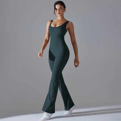 Damen Yoga-Overall, ärmellos, schmale Passform, dunkelgrün mit weitem Bein