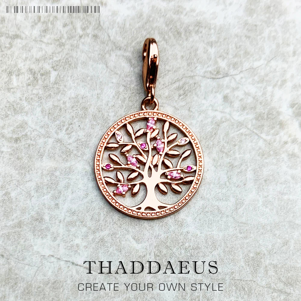 Schmuckanhänger Baum des Lebens, roséfarbenes Metall, lila Steinchen, mit heller Öse