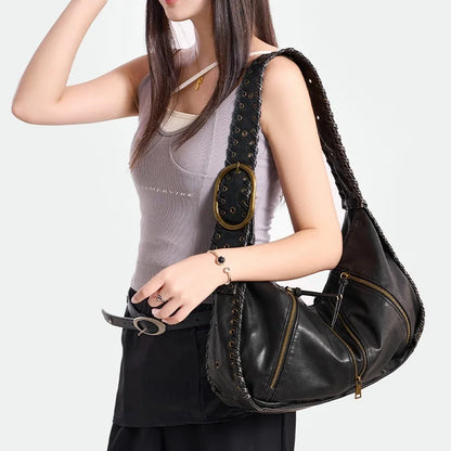 Damen-Hobo-Handtasche Vintage-Stil aus weichem Kunstleder mit geflochtenem Tragegurt und Mehrfach-Reißverschlussfächern