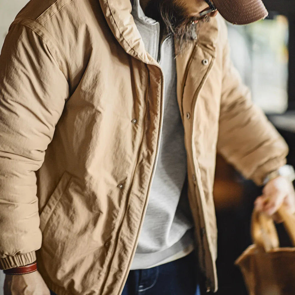 Herren Mantel Retro Khaki Stehkragen gefütterte Puffjacke mit Reißverschluss