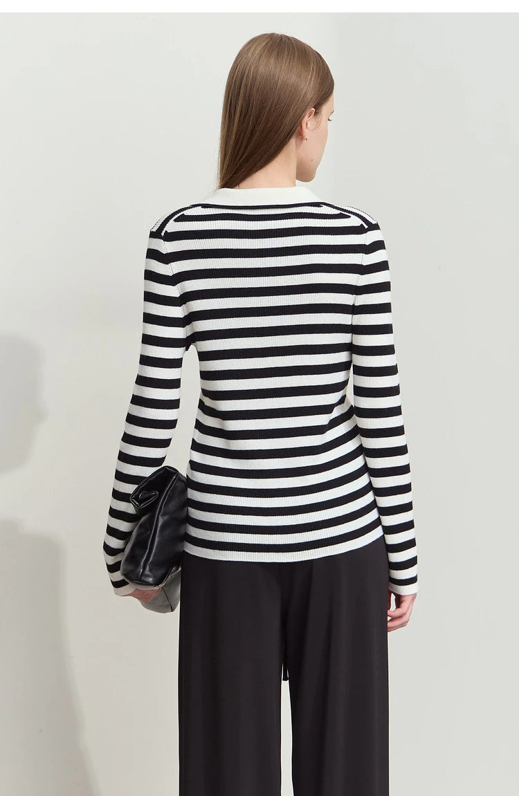 Damen V-Ausschnitt Pullover Streifen Stickerei Polo Kontrastfarben Herbst