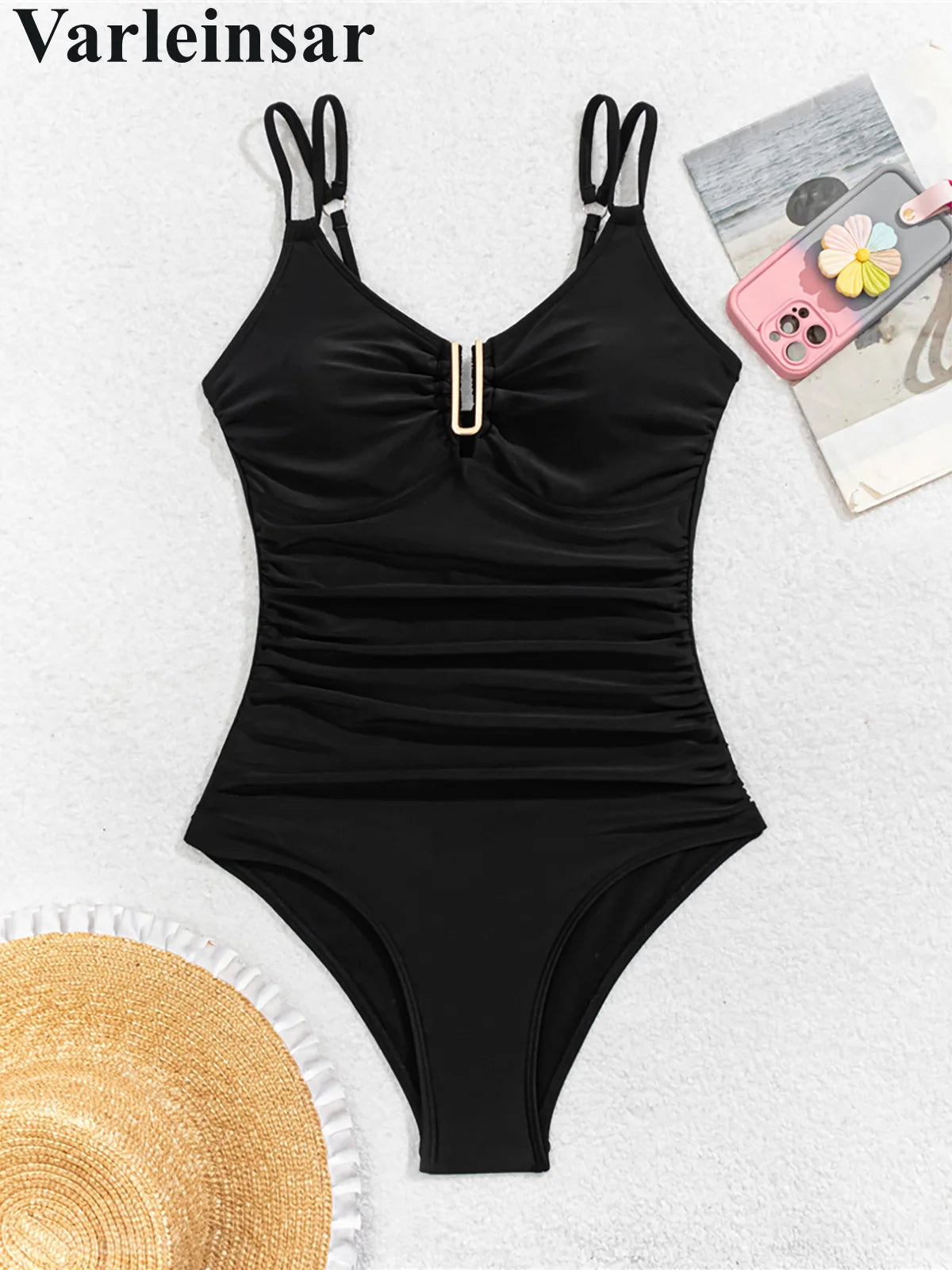 Damen Badeanzug U-Ausschnitt gerüscht hoher Beinausschnitt Monokini gepolstert