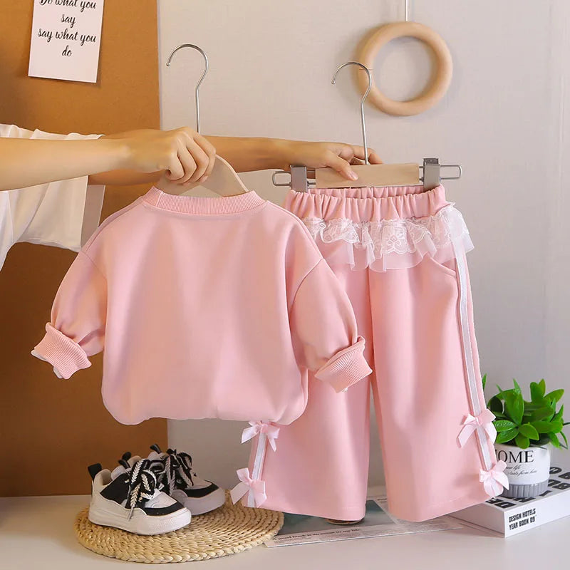 Mädchen Hoodie Set mit Bogen und breiten Beinhosen für Herbst 1-6 Jahre