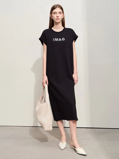 Damen Kleid für Sommer neue lässige O-Ausschnitt Kurzarm Midi gerade Perlen Stickerei Kleid Dame