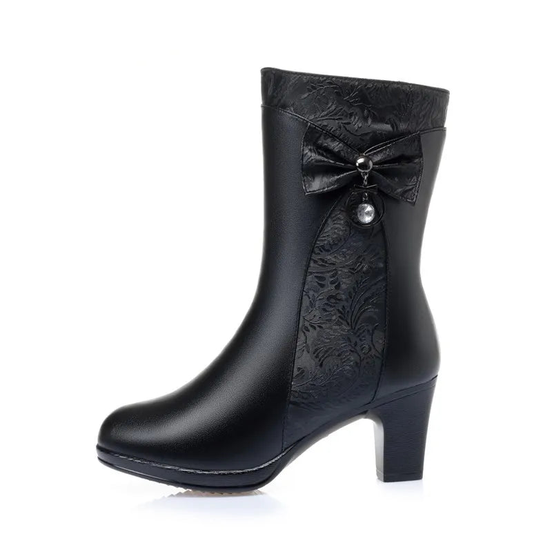 AIYUQI Winter Boots Women Wool Keep Warm 2025 New Genuine Leather Shoes Woman Boots Fashion Bow Female Fashion Boots Thick Heel