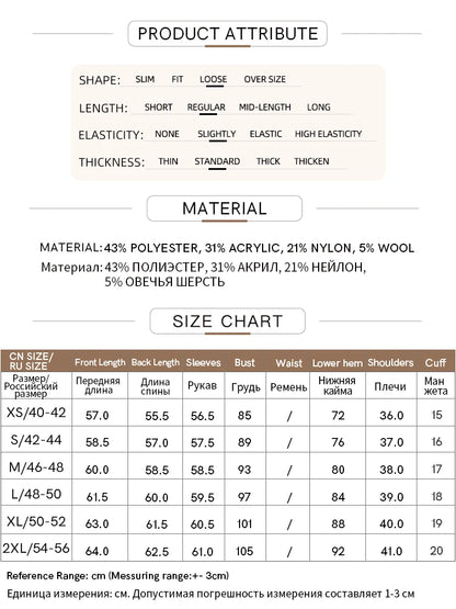 Material- und Größentabelle: AMII Wolljacke (Polyester, Acryl, Nylon, Wolle)
