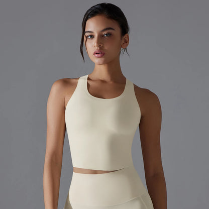 Nahtloses Yoga-Top für Damen mit Rundhalsausschnitt und breiten Trägern, helles Ivory