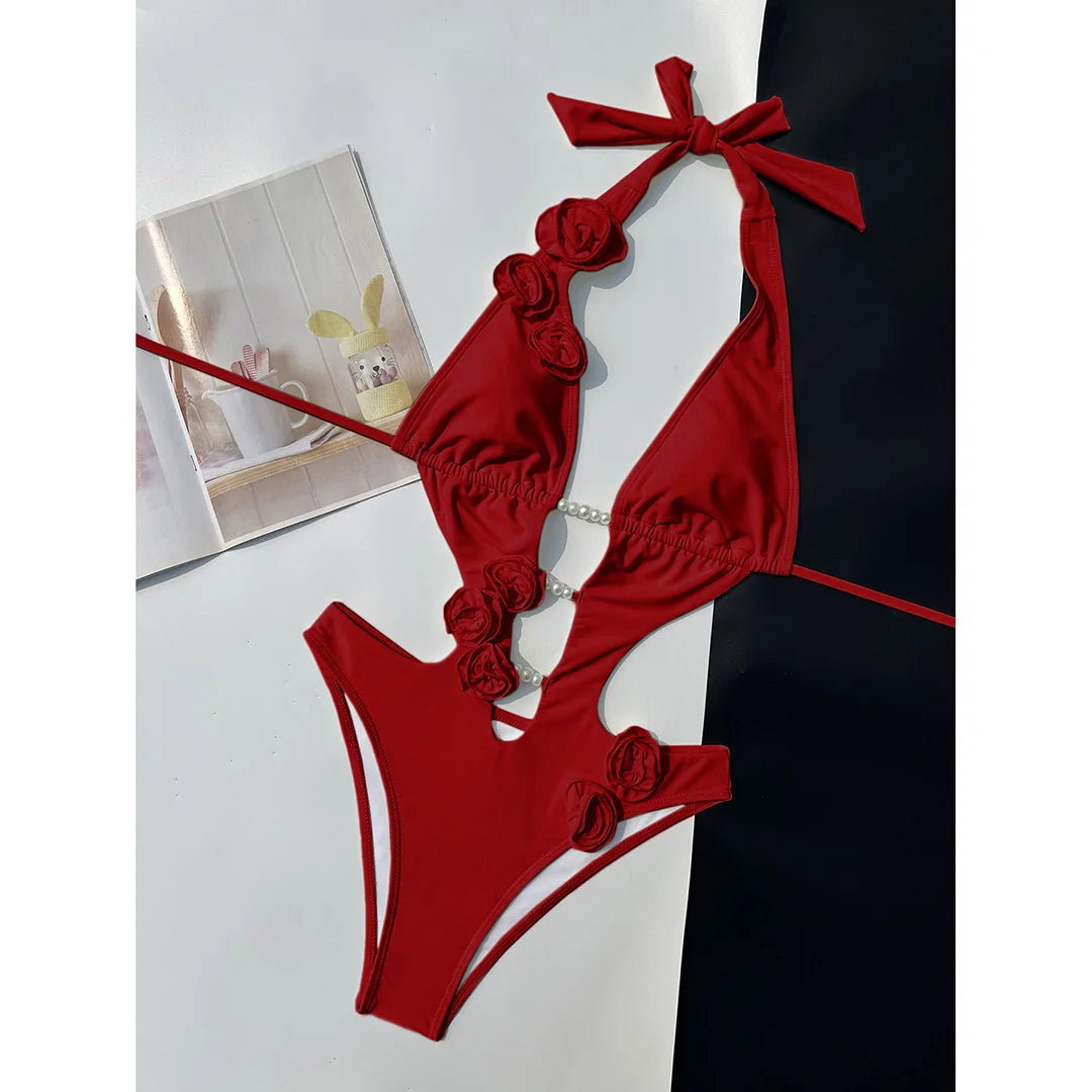 Damen Badeanzug 3D-Blumen tiefer V-Ausschnitt hoher Beinausschnitt Monokini rosa-rot