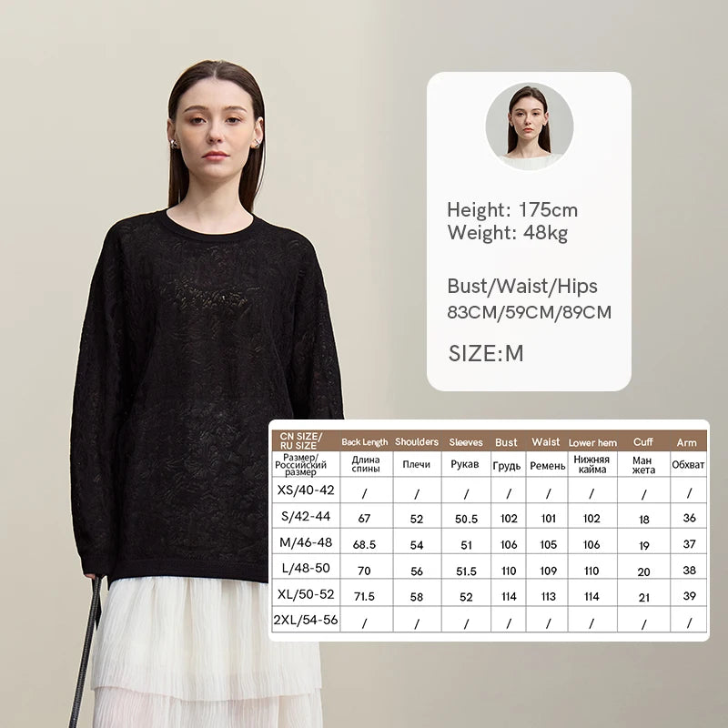 Damen-Rundhalspullover Jacquard Raglan locker lang Lyocell Frühling