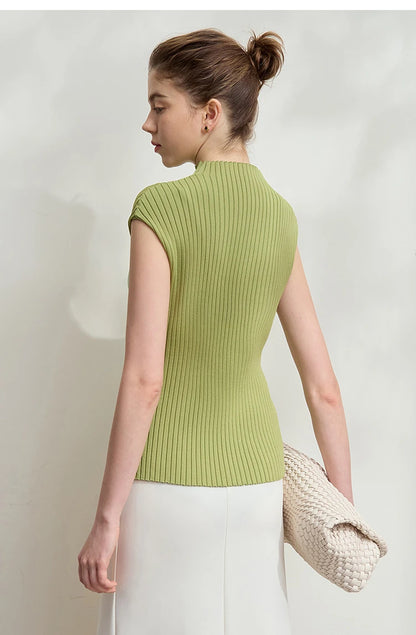 Ärmelloser Damen-Strickpullover mit hohem Rollkragen, grün, gerippte Struktur