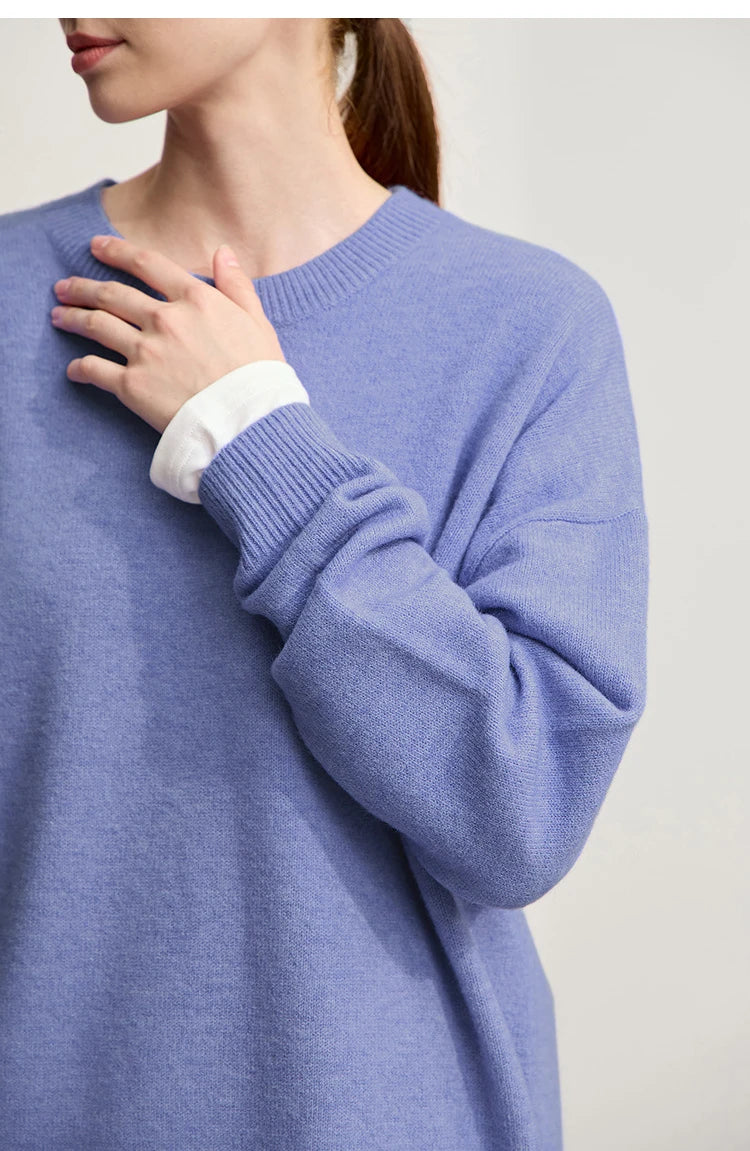 Blauer Damen-Strickpullover, O-Ausschnitt, lange Ärmel, gerippter Ärmelabschluss