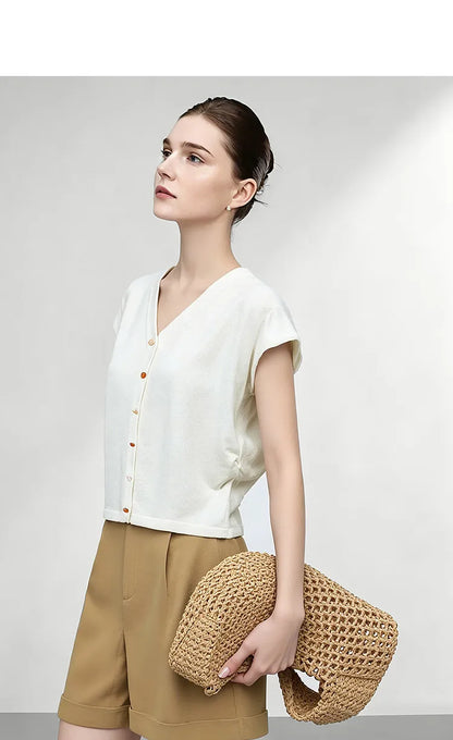 Damen V-Ausschnitt Cardigan Crop Kurzarm Viskose Sommer