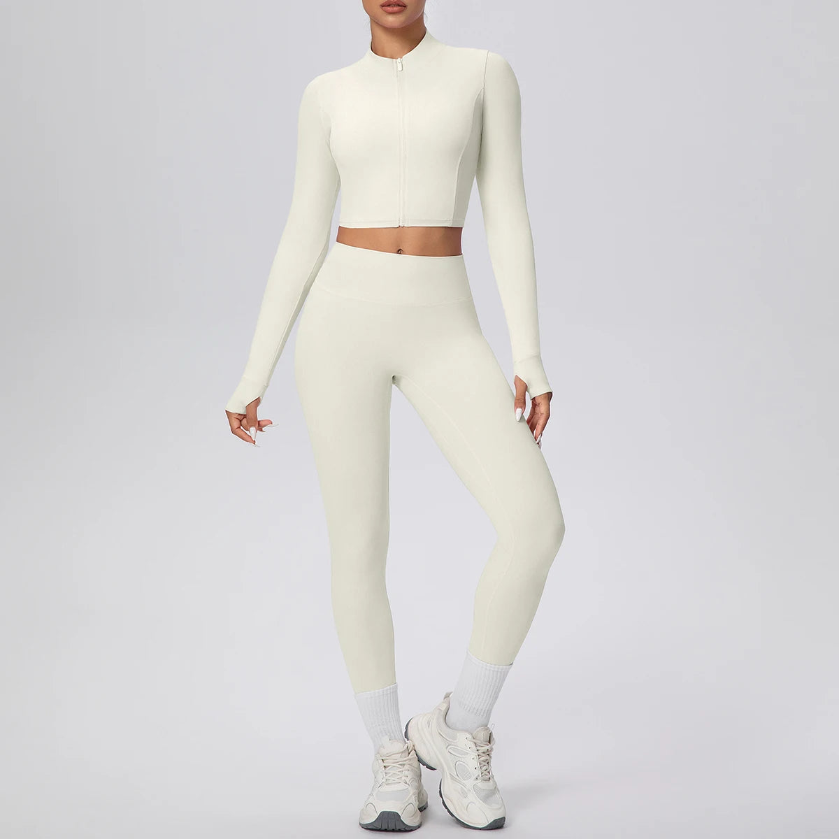 Hellivoryfarbenes Damen-Yogaset: Sportshirt mit Reißverschluss und Leggings