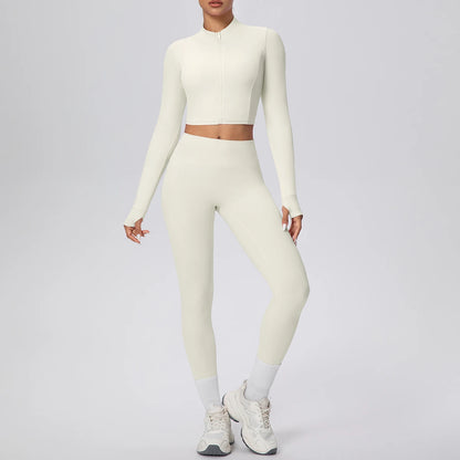Hellivoryfarbenes Damen-Yogaset: Sportshirt mit Reißverschluss und Leggings