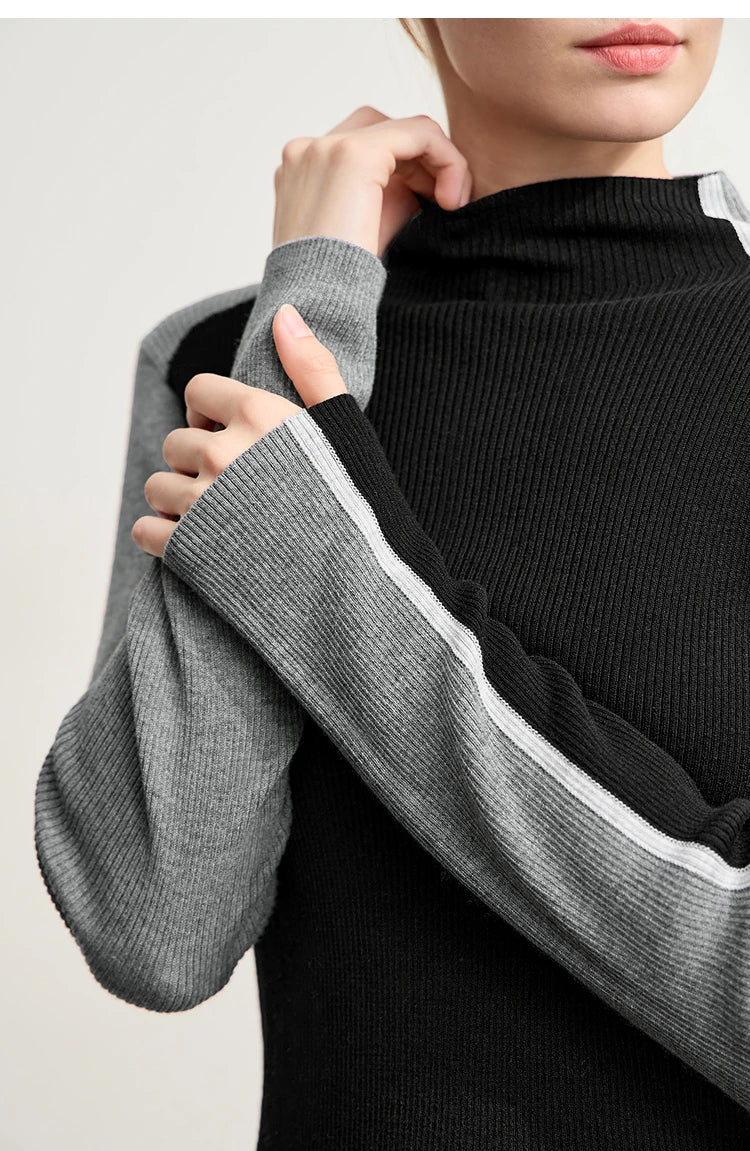 Damen-Halbrollkragen-Pullover Slim asymmetrisch Kontrast Winter
