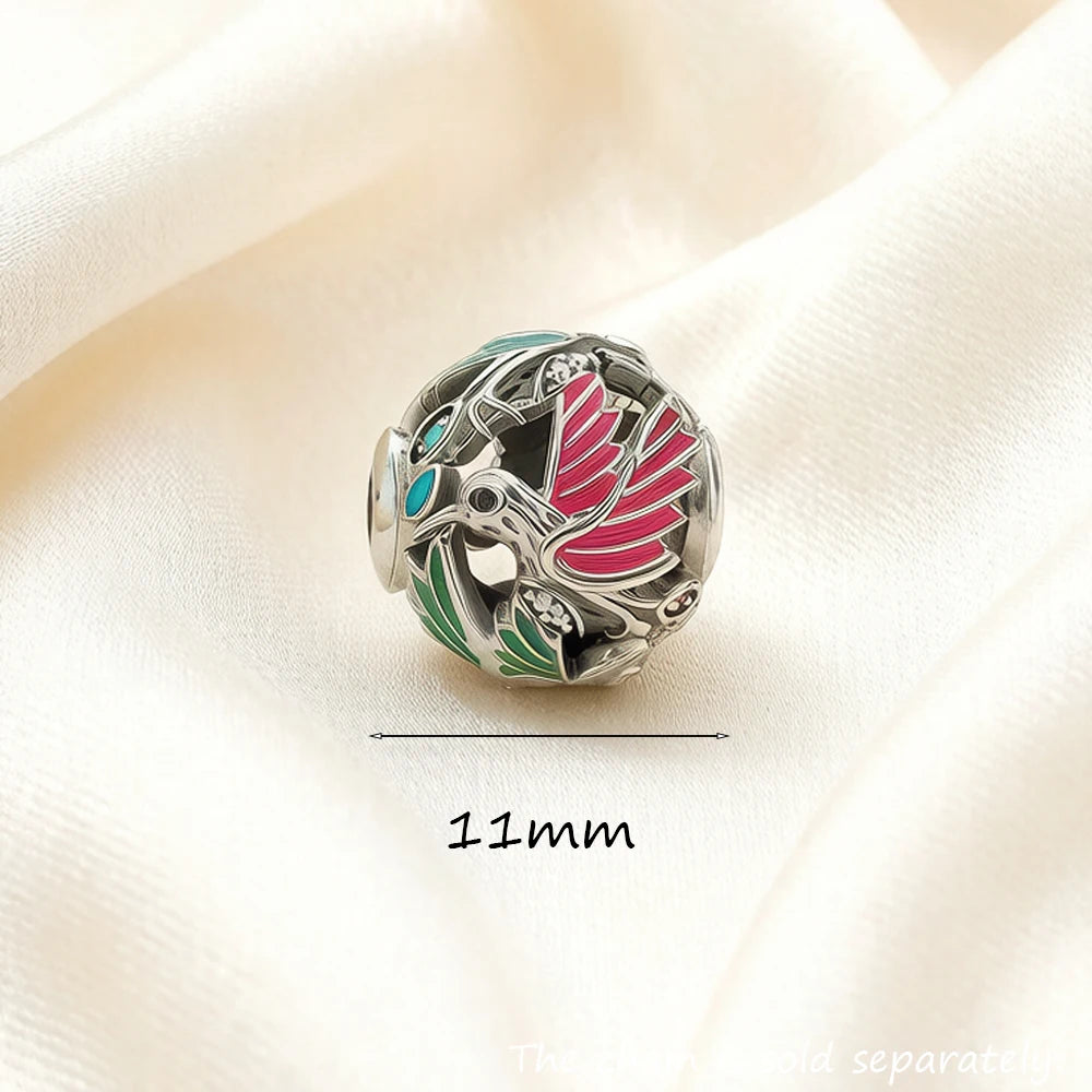 Kolibri-Perlen-Charm aus 925 Sterlingsilber, silberfarben, mit bunten Emaille-Details