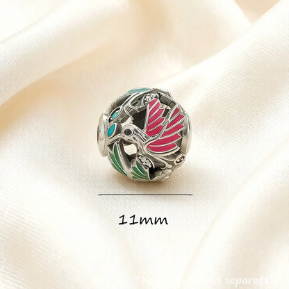 Kolibri-Perlen-Charm aus 925 Sterlingsilber, silberfarben, mit bunten Emaille-Details