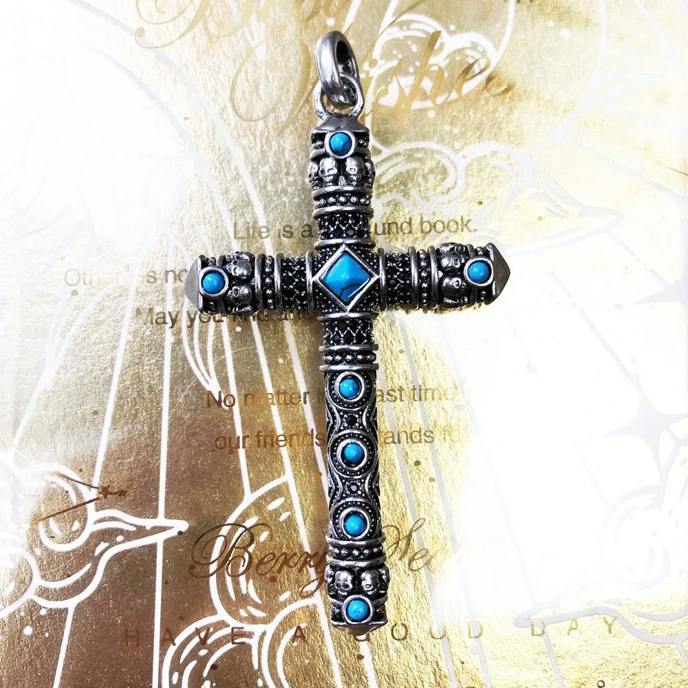 Damen-Charm-Anhänger Kreuz blauer Stein Türkis Glaube aus Sterlingsilber