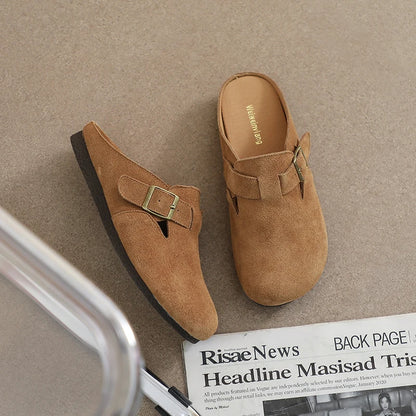 AIYUQI Hausschuhe Frauen Echt Leder 2025, Neue Große Größe 41 42 43 Frauen Sommer Schuhe Retro Oberbekleidung Flache Faule halbe Hausschuhe Frauen