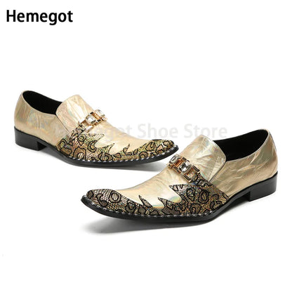 New Pointed Toe Metal Decoration Buckle Men's Gold Brogue Shoes Slip On Genuine Leather Shoes Party Evening Shoes Male