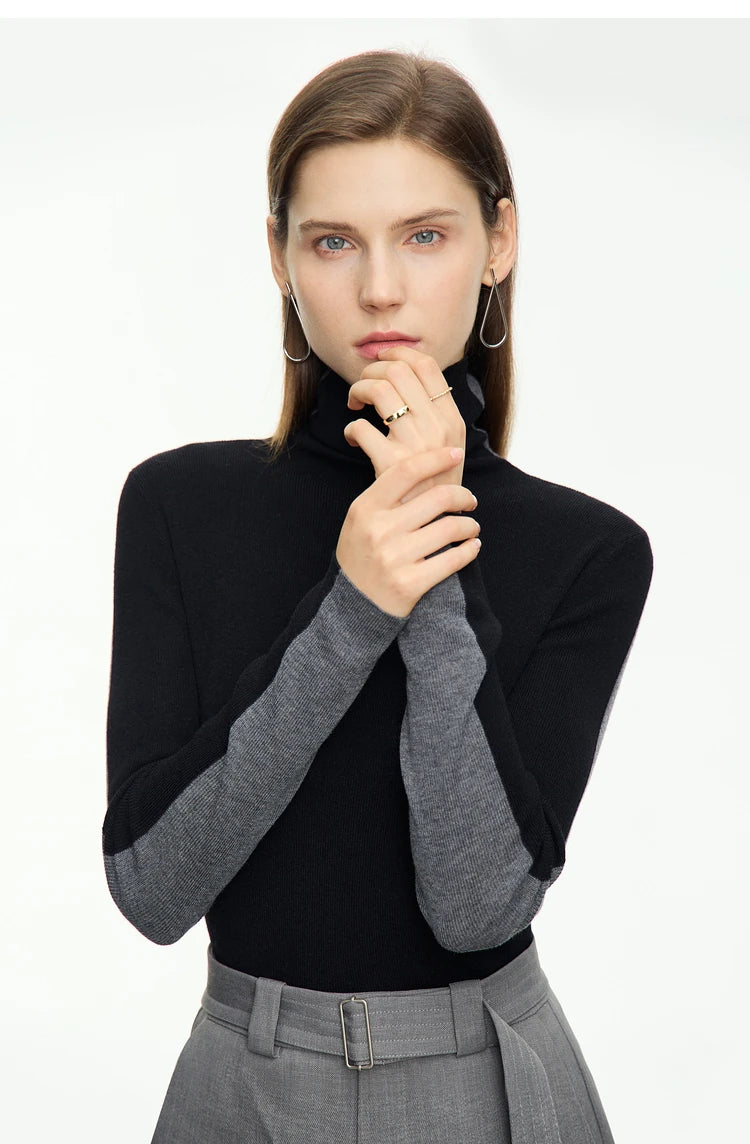 Damen-Rollkragenpullover Wolle-Mix Patchwork schlank Winter