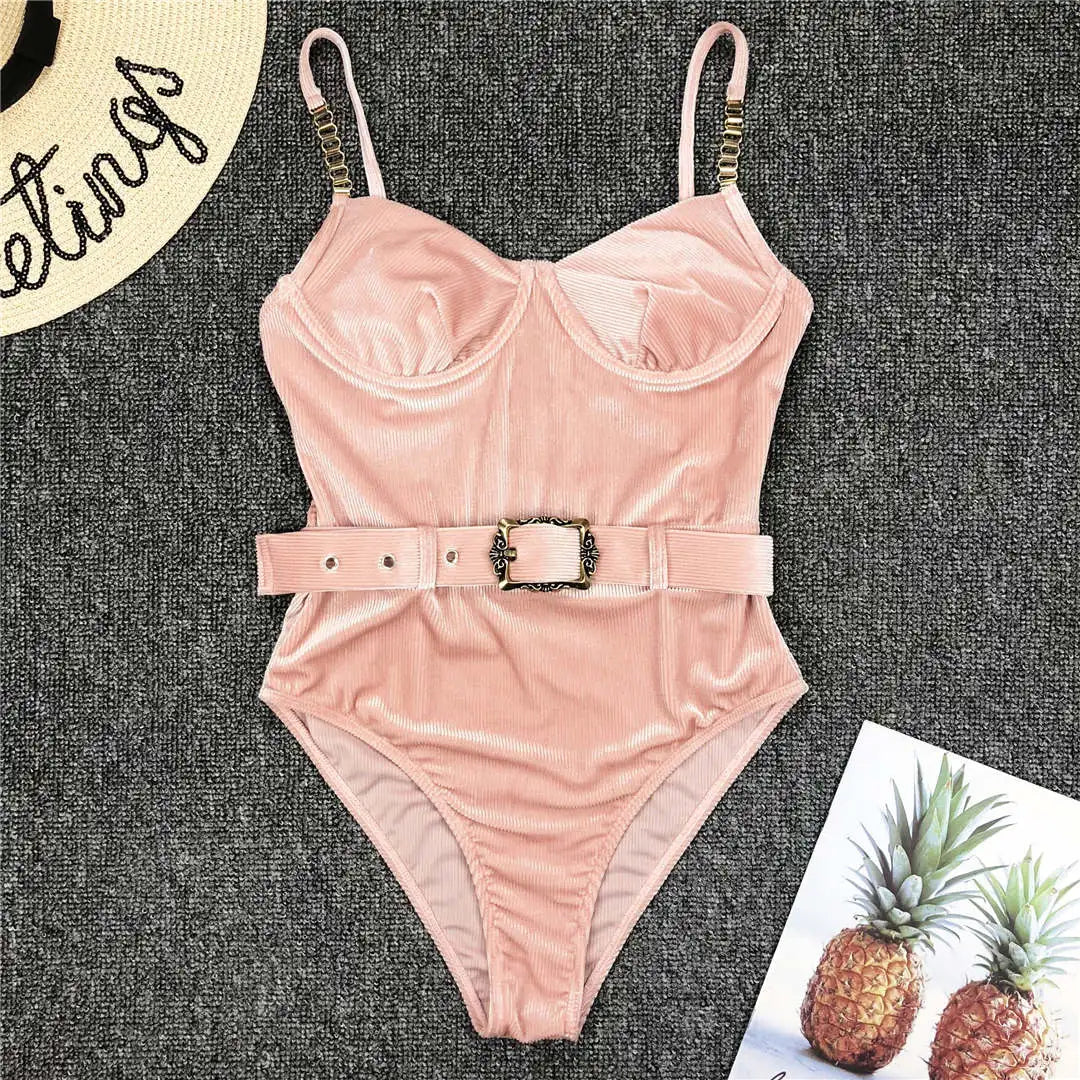Damen-Badeanzug Rippe Gürtel High-Cut Bodysuit einteilig