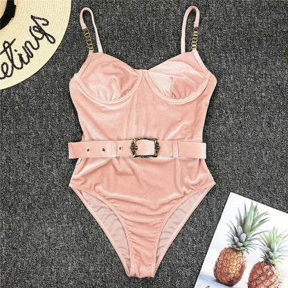 Damen-Badeanzug Rippe Gürtel High-Cut Bodysuit einteilig