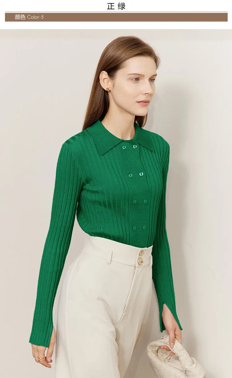 Damen-Strickjacke Polokragen Slim doppelreihig Wolle-Mix Frühling-Herbst