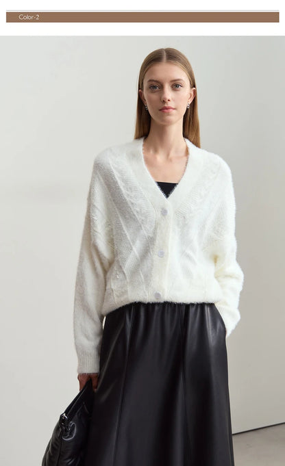 Damen-Strickjacke V-Ausschnitt Nerz-Imitat locker dick Winter