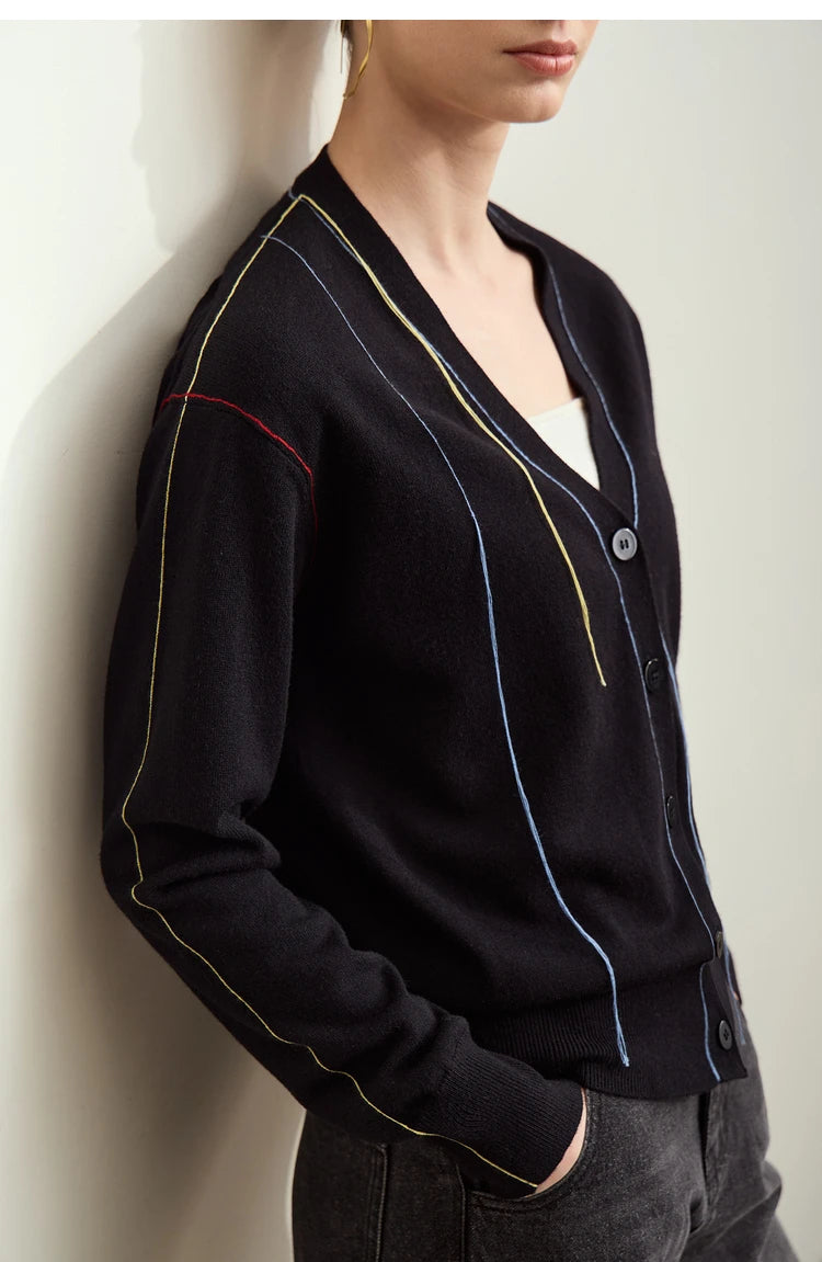 Damen-Strickjacke V-Ausschnitt Patchwork Raglan Wolle-Mix Herbst