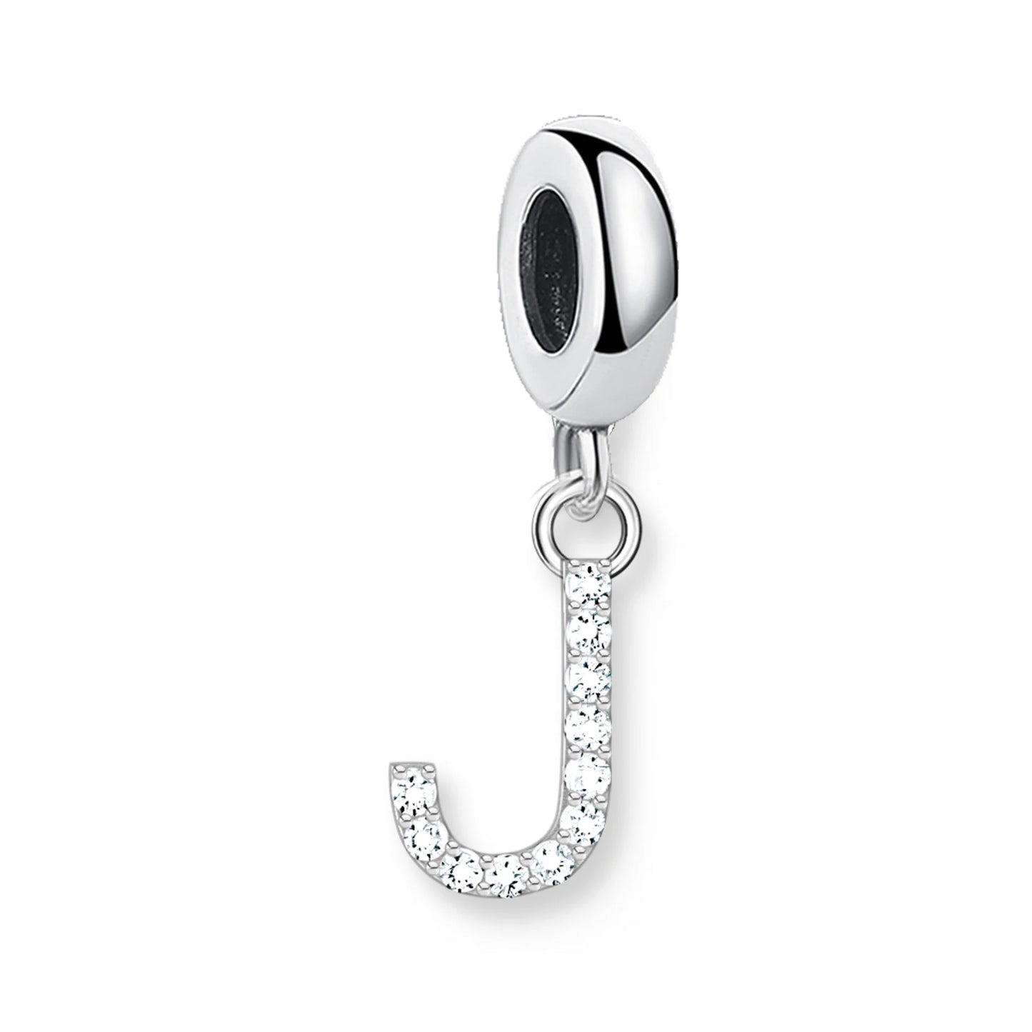 Buchstaben-Charm-Anhänger aus 925er Sterlingsilber mit Strassbuchstabe J und dunklem Stein oben.