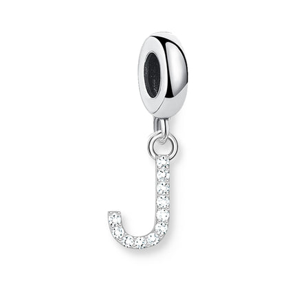 Buchstaben-Charm-Anhänger aus 925er Sterlingsilber mit Strassbuchstabe J und dunklem Stein oben.