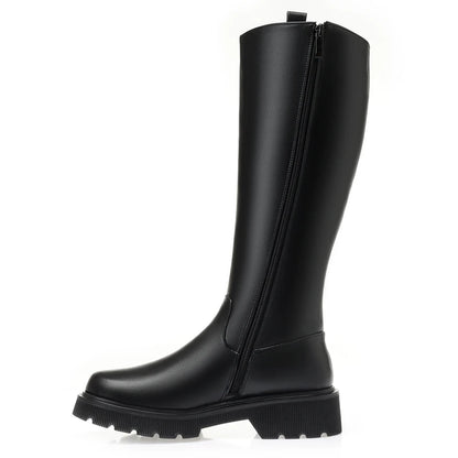 Schwarzer Winterstiefel aus Leder mit seitlichem Reißverschluss, hohe Schäfte, Profilsohle